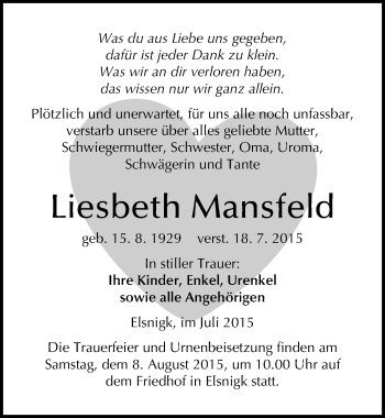 Traueranzeige von Liesbeth Mansfeld von Mitteldeutsche Zeitung Köthen