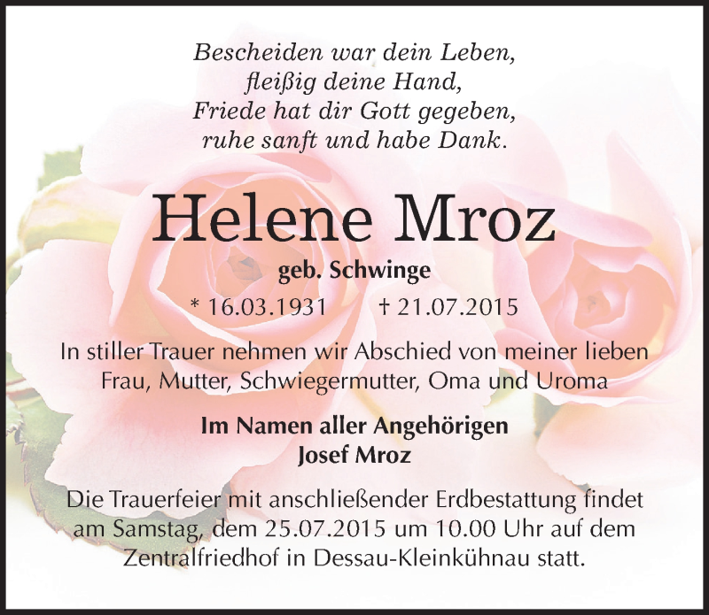  Traueranzeige für Helene Mroz vom 24.07.2015 aus Mitteldeutsche Zeitung Dessau-Roßlau