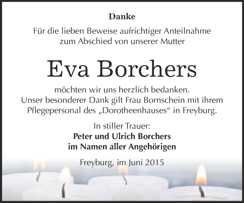  Traueranzeige für Eva Borchers vom 22.07.2015 aus WVG - Wochenspiegel NMB / WSF / ZTZ