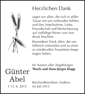 Traueranzeige von Günter Abel von WVG - Wochenspiegel NMB / WSF / ZTZ