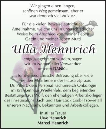 Traueranzeige von Ulla Hennrich von Super Sonntag Zeitz