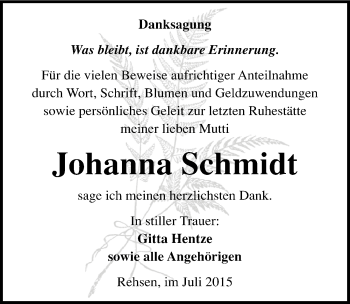 Traueranzeige von Johanna Schmidt von Mitteldeutsche Zeitung Wittenberg