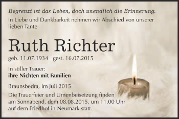 Traueranzeige von Ruth Richter von WVG - Wochenspiegel Merseburg