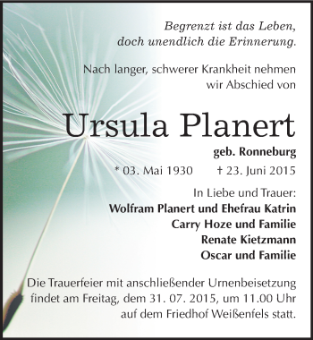 Traueranzeige von Ursula Planert von Mitteldeutsche Zeitung Weißenfels