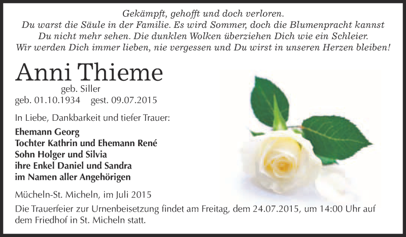  Traueranzeige für Anni Thieme vom 15.07.2015 aus WVG - Wochenspiegel Merseburg