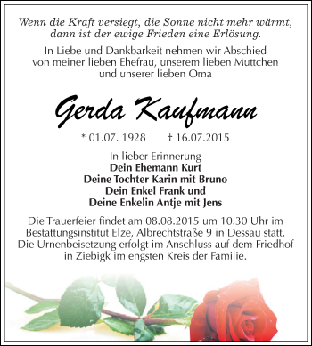 Traueranzeige von Gerda Kaufmann von WVG - Wochenspiegel Dessau / Köthen
