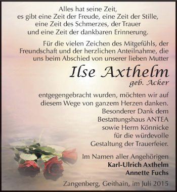 Traueranzeige von Ilse Axthelm von Mitteldeutsche Zeitung Zeitz
