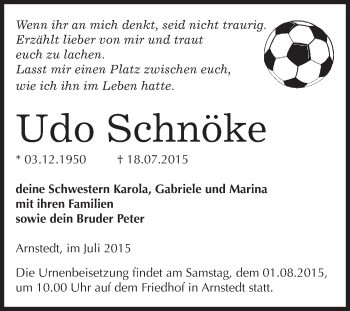 Traueranzeige von Udo Schnöke von Super Sonntag SGH Mansf. Land