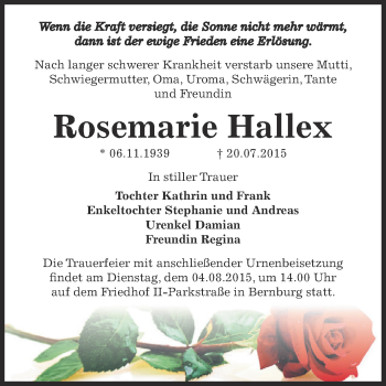 Traueranzeige von Rosemarie Hallex von Super Sonntag Bernburg