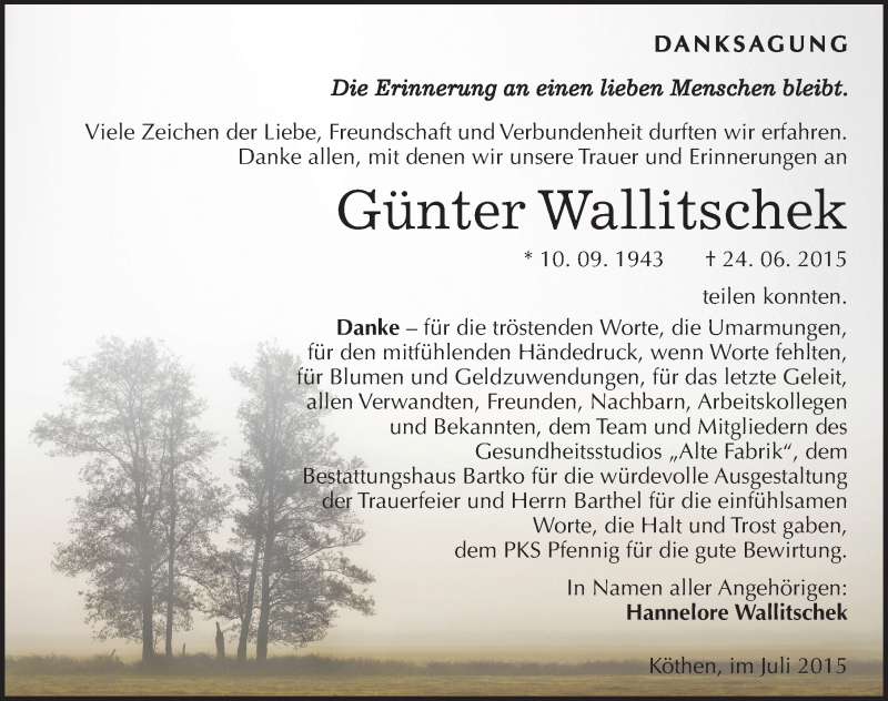  Traueranzeige für Günter Wallitschek vom 24.07.2015 aus Mitteldeutsche Zeitung Köthen