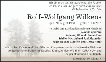 Traueranzeige von Rolf-Wolfgang Wilkens von WVG - Wochenspiegel Merseburg