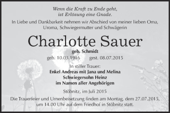 Traueranzeige von Charlotte Sauer von WVG - Wochenspiegel Merseburg