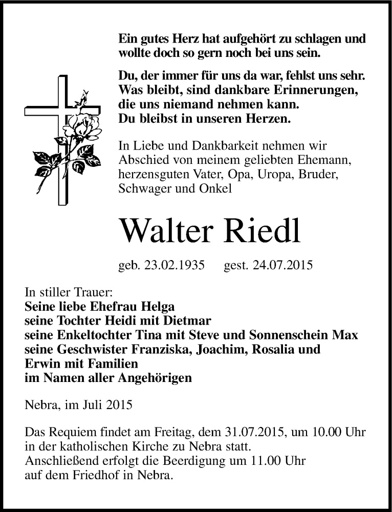  Traueranzeige für Walter Riedl vom 28.07.2015 aus Mitteldeutsche Zeitung Naumburg/Nebra