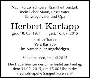 Traueranzeige von Herbert Karlapp von Mitteldeutsche Zeitung Sangerhausen