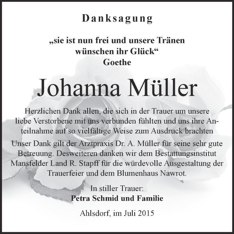  Traueranzeige für Johanna Müller vom 25.07.2015 aus Super Sonntag SGH Mansf. Land