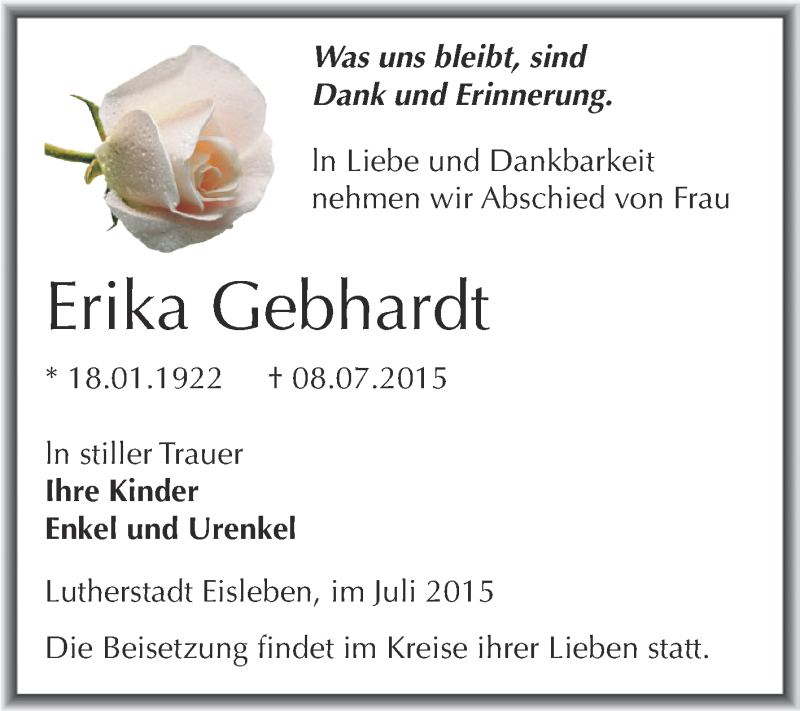  Traueranzeige für Erika Gebhardt vom 15.07.2015 aus Wochenspiegel Mansfelder Land