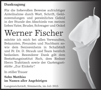 Traueranzeige von Werner Fischer von WVG - Wochenspiegel Merseburg