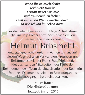 Traueranzeige von Helmut Erbsmehl von Wochenspiegel Mansfelder Land