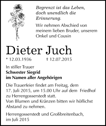 Traueranzeige von Dieter Juch von Mitteldeutsche Zeitung Naumburg/Nebra