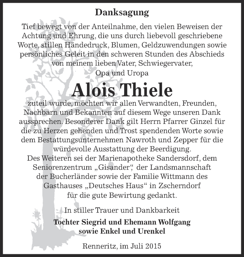  Traueranzeige für Alois Thiele vom 22.07.2015 aus WVG - Wochenspiegel Bitterfeld