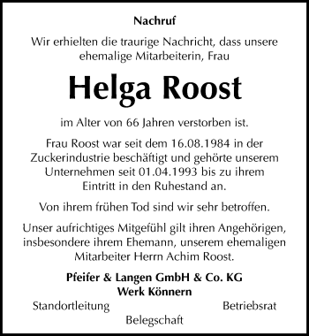 Traueranzeige von Helga Roost von Mitteldeutsche Zeitung