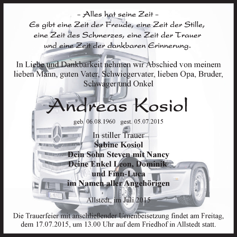  Traueranzeige für Andreas Kosiol vom 15.07.2015 aus WVG - Wochenspiegel SGH