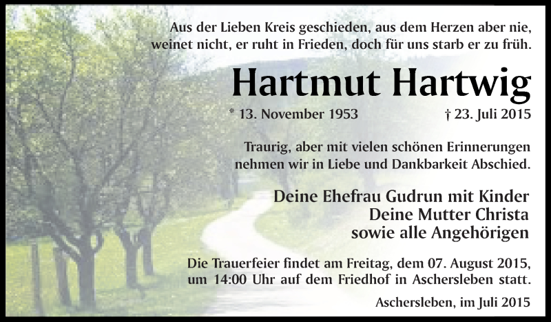  Traueranzeige für Hartmut Hartwig vom 29.07.2015 aus WVG - Wochenspiegel Quedlinburg