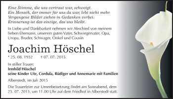 Traueranzeige von Joachim Höschel von Mitteldeutsche Zeitung Merseburg/Querfurt