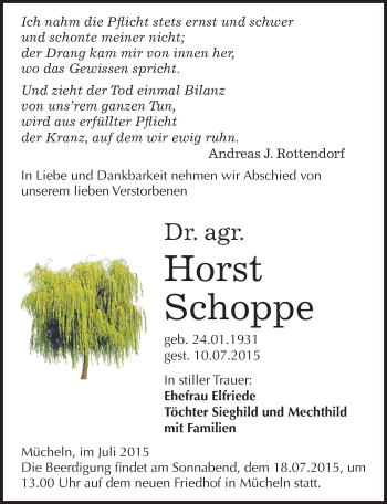 Traueranzeige von Horst Schoppe von Mitteldeutsche Zeitung Merseburg/Querfurt