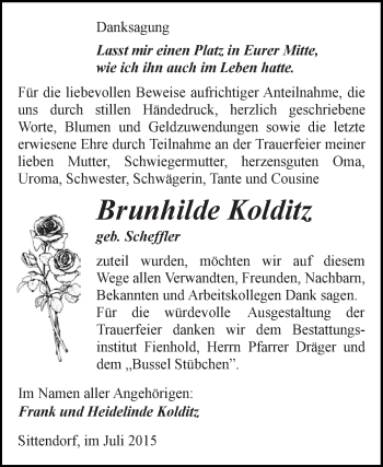 Traueranzeige von Brunhilde Kolditz von Super Sonntag SGH Mansf. Land