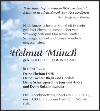 Traueranzeige von Helmut Münch von WVG - Wochenspiegel Bitterfeld