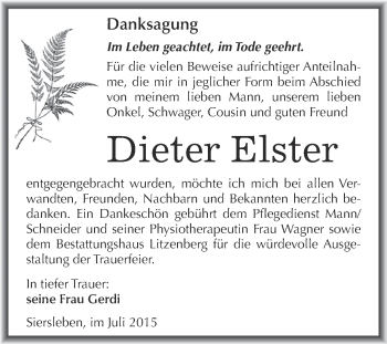 Traueranzeige von Dieter Elster von Super Sonntag SGH Mansf. Land