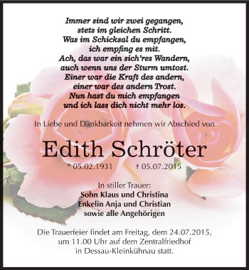 Traueranzeige von Edith Schröter von Mitteldeutsche Zeitung Dessau-Roßlau