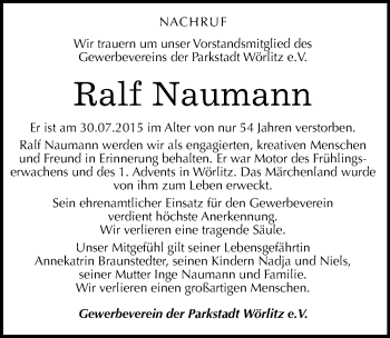 Traueranzeige von Ralf Naumann von Mitteldeutsche Zeitung Wittenberg