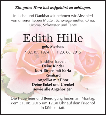 Traueranzeige von Edith Hille von Mitteldeutsche Zeitung Köthen