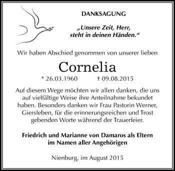 Traueranzeige von Cornelia von Damaros von Mitteldeutsche Zeitung Bernburg