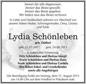 Traueranzeige von Lydia Schönleben von Mitteldeutsche Zeitung Mansfelder Land