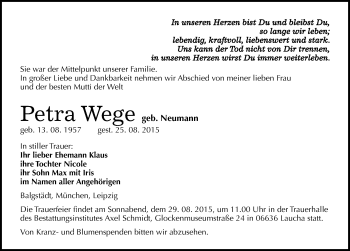 Traueranzeige von Petra Wege von Mitteldeutsche Zeitung Naumburg/Nebra