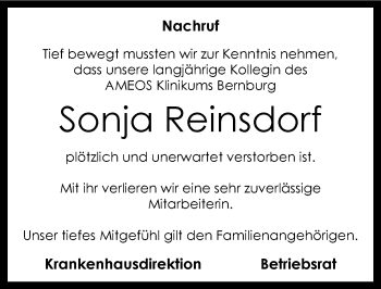Traueranzeige von Sonja Reinsdorf von Mitteldeutsche Zeitung Bernburg