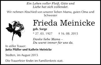 Traueranzeige von Frieda Meinicke von Mitteldeutsche Zeitung Mansfelder Land
