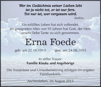 Traueranzeige von Erna Foede von Mitteldeutsche Zeitung Aschersleben