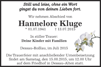Traueranzeige von Hannelore Kluge von WVG - Wochenspiegel Dessau / Köthen