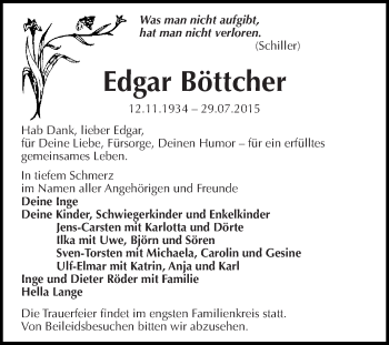 Traueranzeige von Edgar Böttcher von WVG - Wochenspiegel Dessau / Köthen