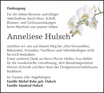 Traueranzeige von Anneliese Hulsch von WVG - Wochenspiegel Quedlinburg