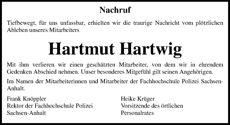  Traueranzeige für Hartmut Hartwig vom 01.08.2015 aus Mitteldeutsche Zeitung Aschersleben