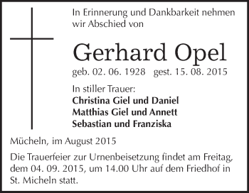 Traueranzeige von Gerhard Opel von WVG - Wochenspiegel Merseburg