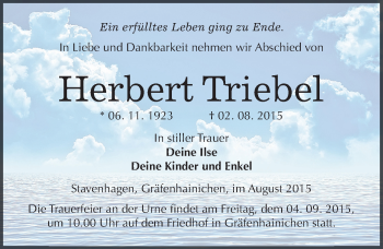Traueranzeige von Herbert Triebel von Mitteldeutsche Zeitung Wittenberg
