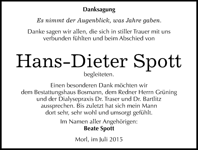  Traueranzeige für Hans-Dieter Spott vom 01.08.2015 aus Mitteldeutsche Zeitung Halle/Saalkreis