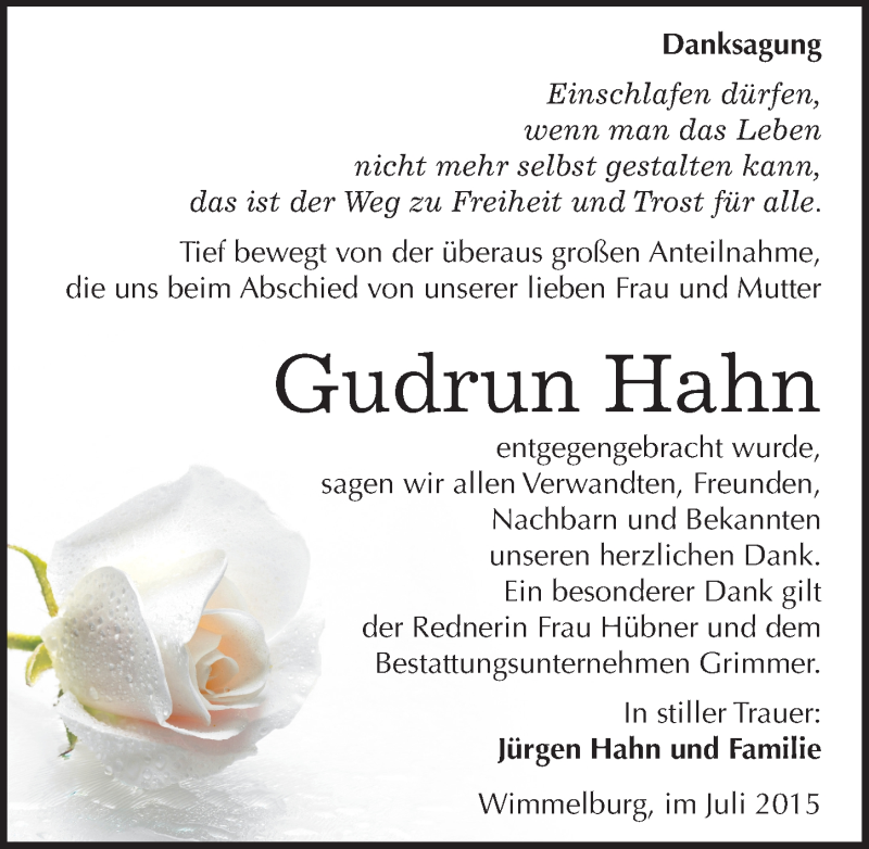  Traueranzeige für Gudrun Hahn vom 01.08.2015 aus Mitteldeutsche Zeitung Mansfelder Land