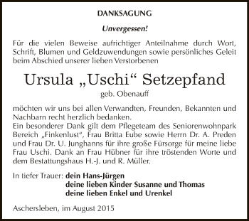 Traueranzeige von Ursula Setzepfand von Super Sonntag Aschersleben